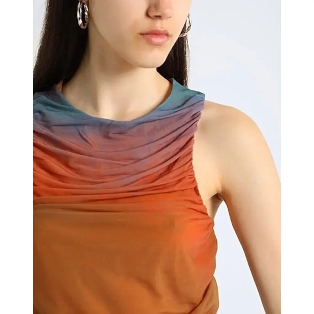 Topshop Rust Purple Ombre Ruched Draped Sleeveless Artsy Modern Top Size Small